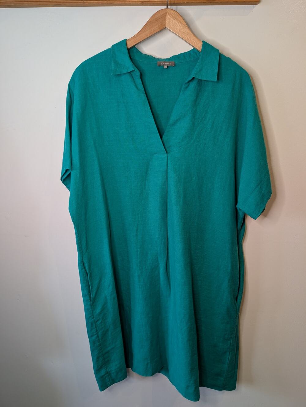 Jaeger British 100% Linen Tunic Dress Kelly Green V-Neck Pockets US14 XL